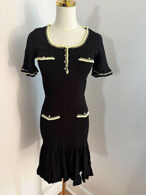 NWT Sandro Paris Black and Citrus Piping Ruffle Knit A-Line Dress Size US 6